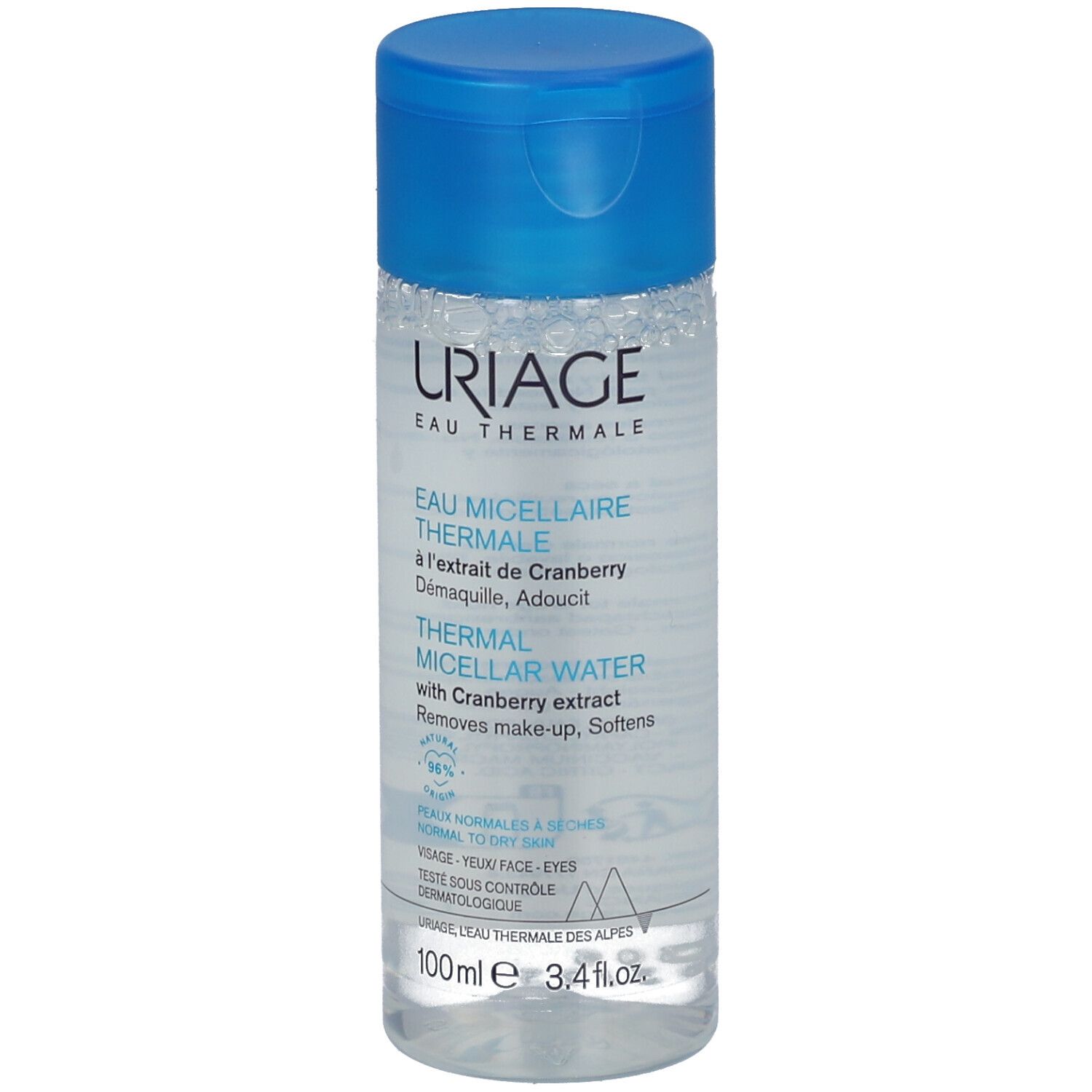 Klare Flasche mit blauem Deckel. Aufschrift: URIAGE Eau Thermale. Enthält Mizellen-Thermalwasser mit Cranberry-Extrakt.