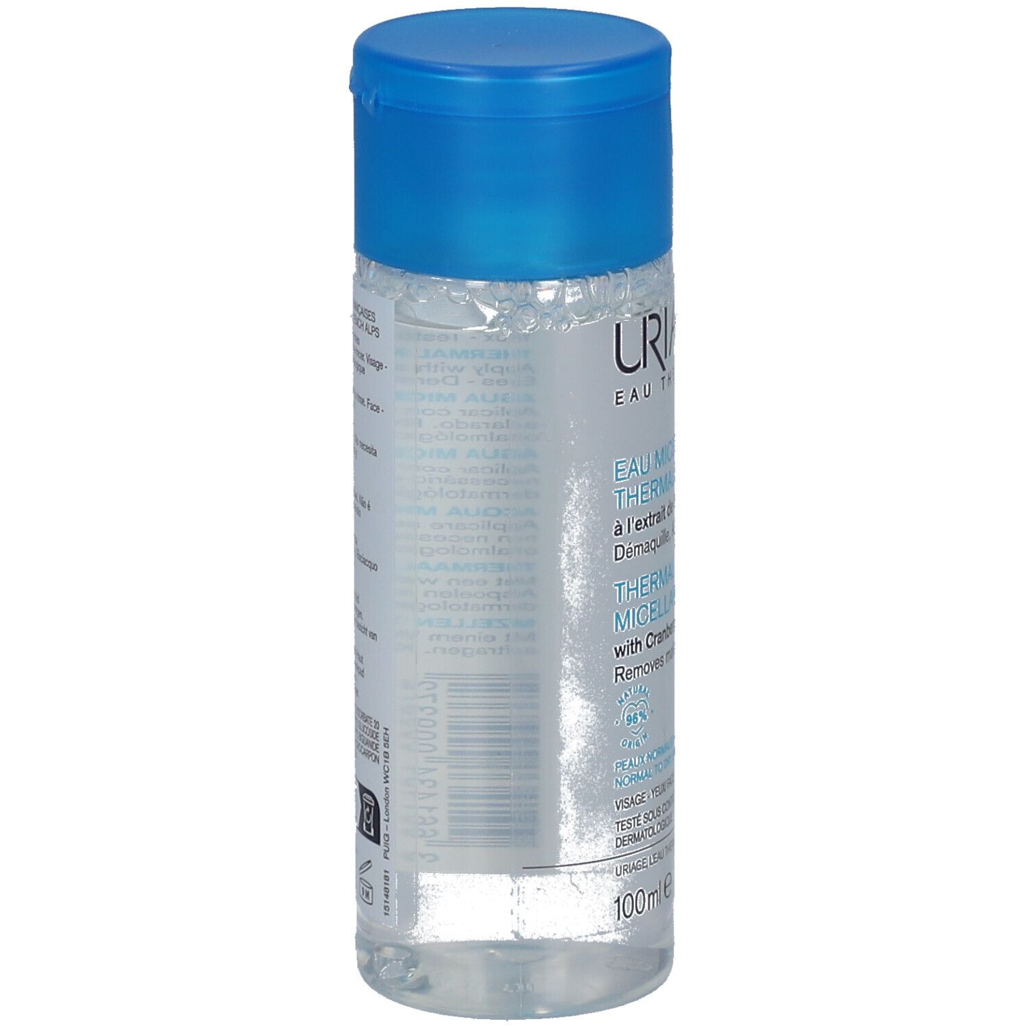 Rückseite einer transparenten Flasche mit blauem Deckel. Beschriftung mit Produktinformationen und Inhaltsstoffen.