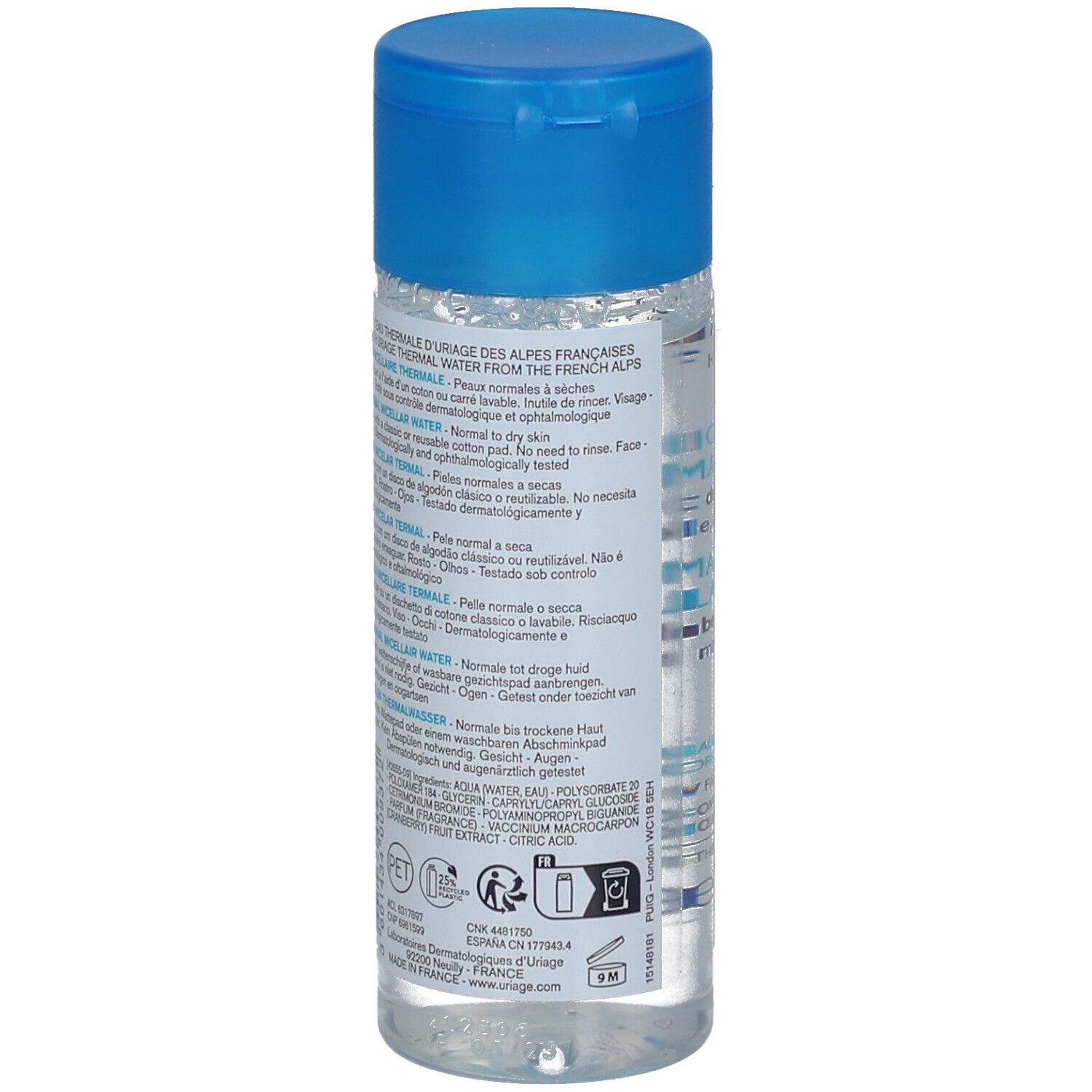 Transparente Flasche mit blauem Deckel. Beschriftung mit Produktinformationen in verschiedenen Sprachen.