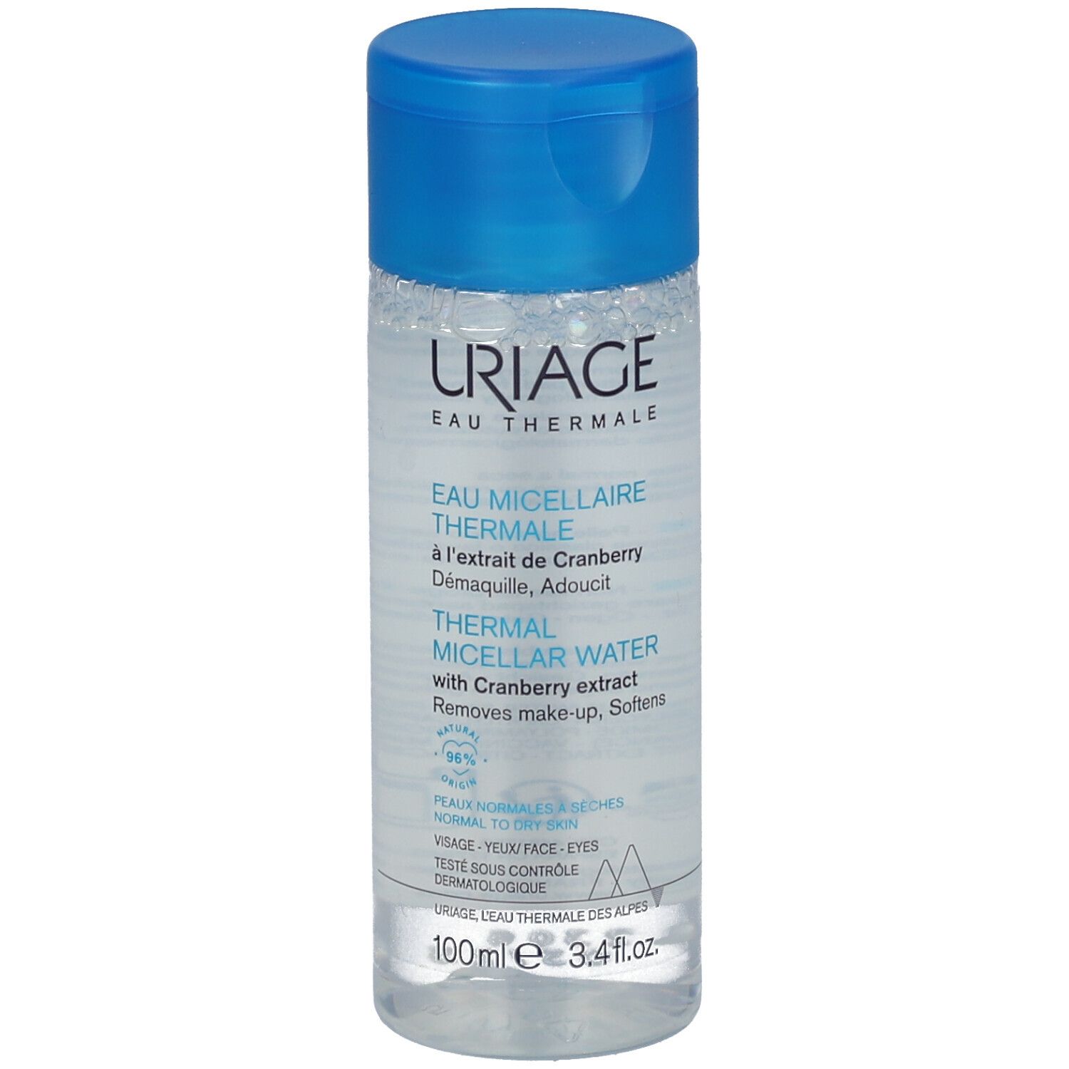 Klare Flasche mit blauem Deckel. Aufschrift: URIAGE Eau Thermale. Enthält Mizellen-Thermalwasser mit Cranberry-Extrakt.