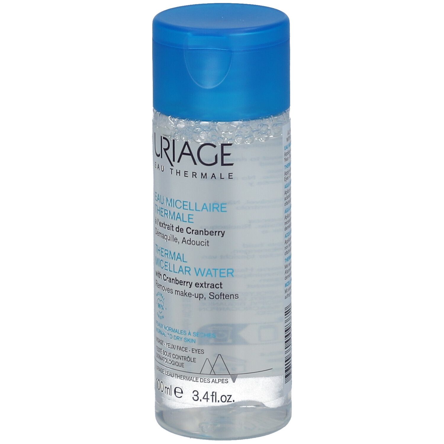 Klare Flasche mit blauem Deckel. Aufschrift: URIAGE Eau Thermale. Enthält Mizellen-Thermalwasser mit Cranberry-Extrakt.