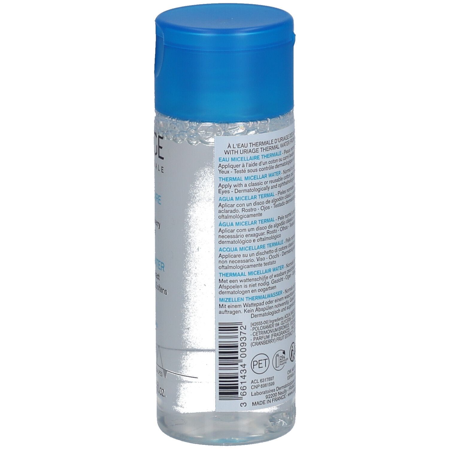 Rückseite einer transparenten Flasche mit blauem Deckel. Beschriftung mit Produktinformationen und Barcode.