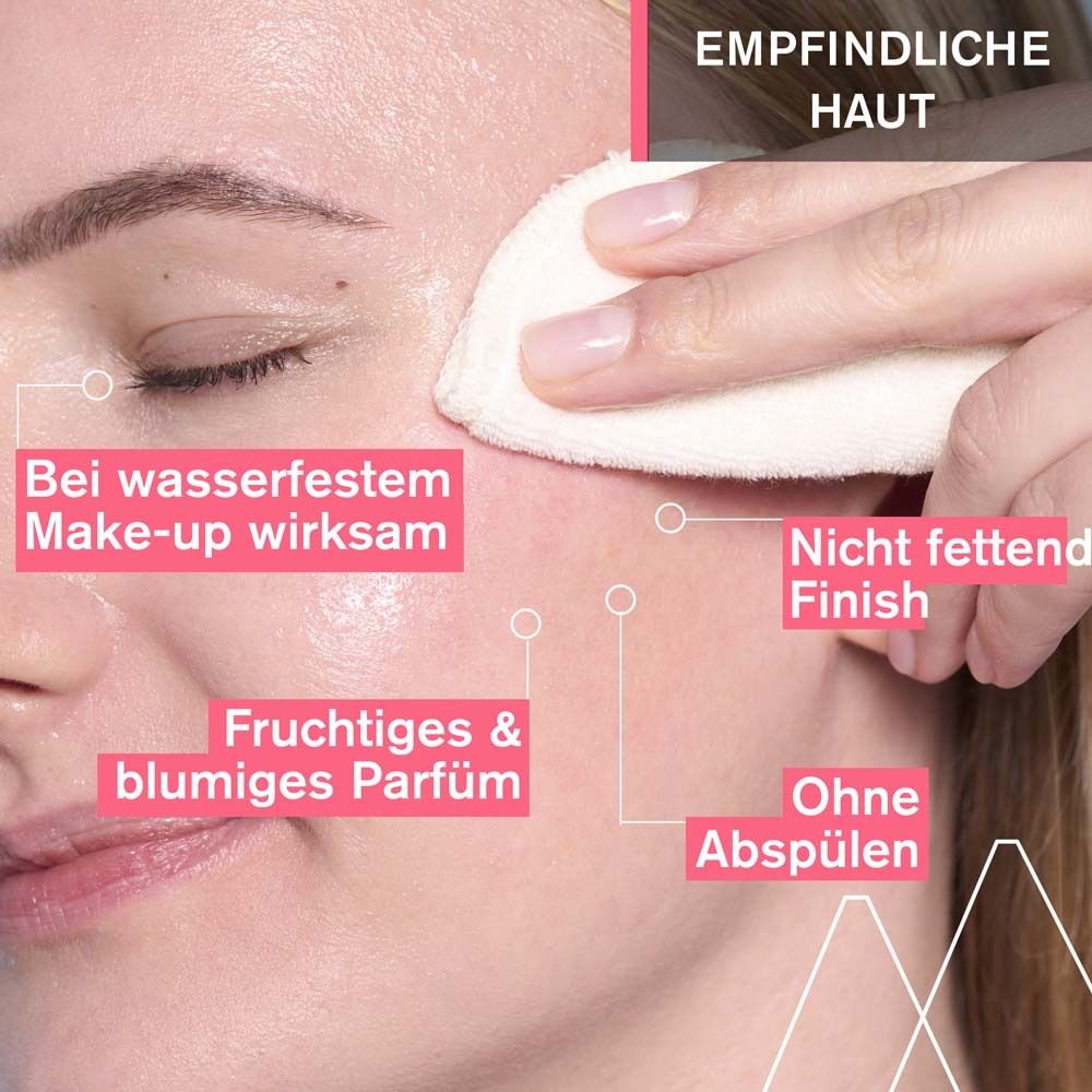 Gesicht einer Frau. Wattepad entfernt Make-up. Text: Nicht fettend, ohne Abspülen.