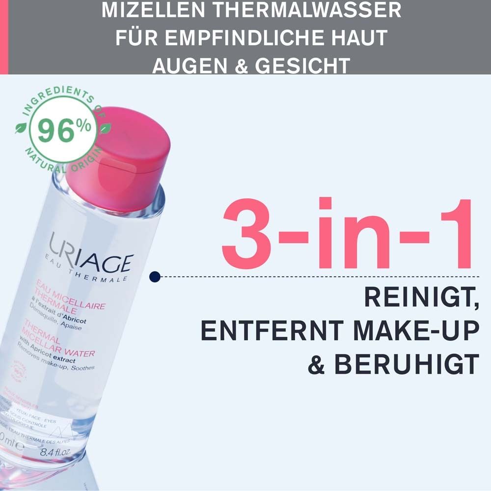URIAGE Mizellen Thermalwasser. Flasche mit rotem Deckel. 3-in-1: Reinigt, entfernt Make-up & beruhigt.