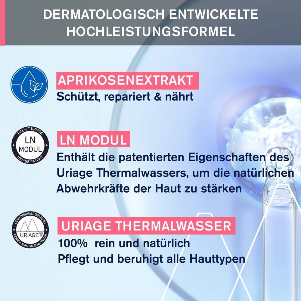 Grafik: Dermatologisch entwickelte Formel. Aprikosenextrakt, LN Modul, Uriage Thermalwasser.