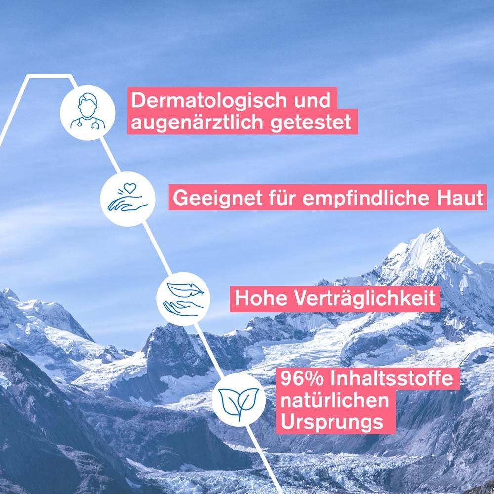 Grafik: Dermatologisch getestet, für empfindliche Haut, hohe Verträglichkeit, 96% natürliche Inhaltsstoffe.