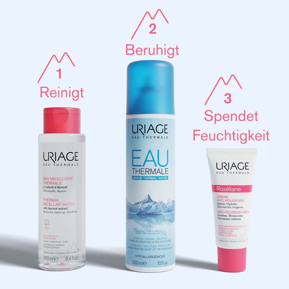 Drei Produkte: Mizellen Thermalwasser, Eau Thermale, Roséliane Creme. Reinigt, beruhigt, spendet Feuchtigkeit.