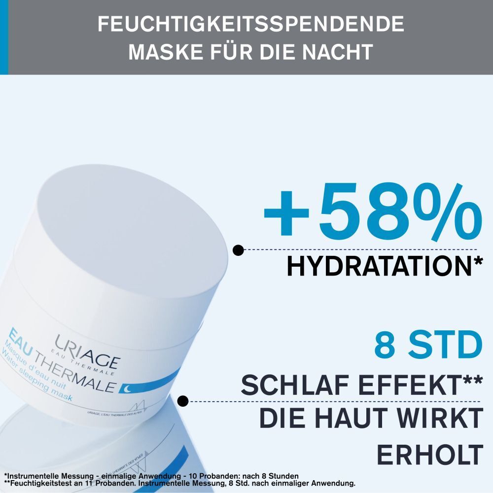 Weißer Tiegel. Text: +58% Hydratation, 8 Std. Schlaf Effekt. Die Haut wirkt erholt.
