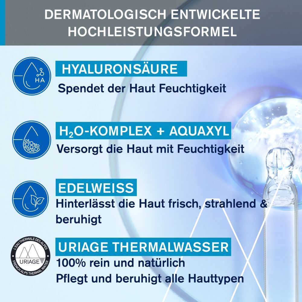 Grafik mit Inhaltsstoffen: Hyaluronsäure, H2O-Komplex + Aquaxyl, Edelweiß, Uriage Thermalwasser.