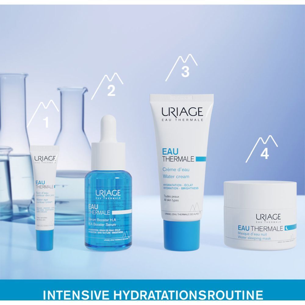 Vier Produkte: Serum, Serum Booster, Creme, Maske. Text: Intensive Hydratationsroutine.
