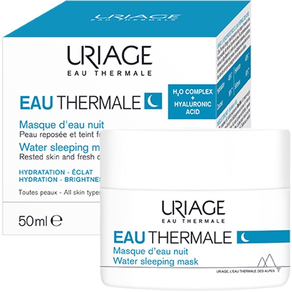 Produktverpackung und Tiegel. Aufschrift: 50ml, Eau Thermale, Masque d'eau nuit, Water sleeping mask.