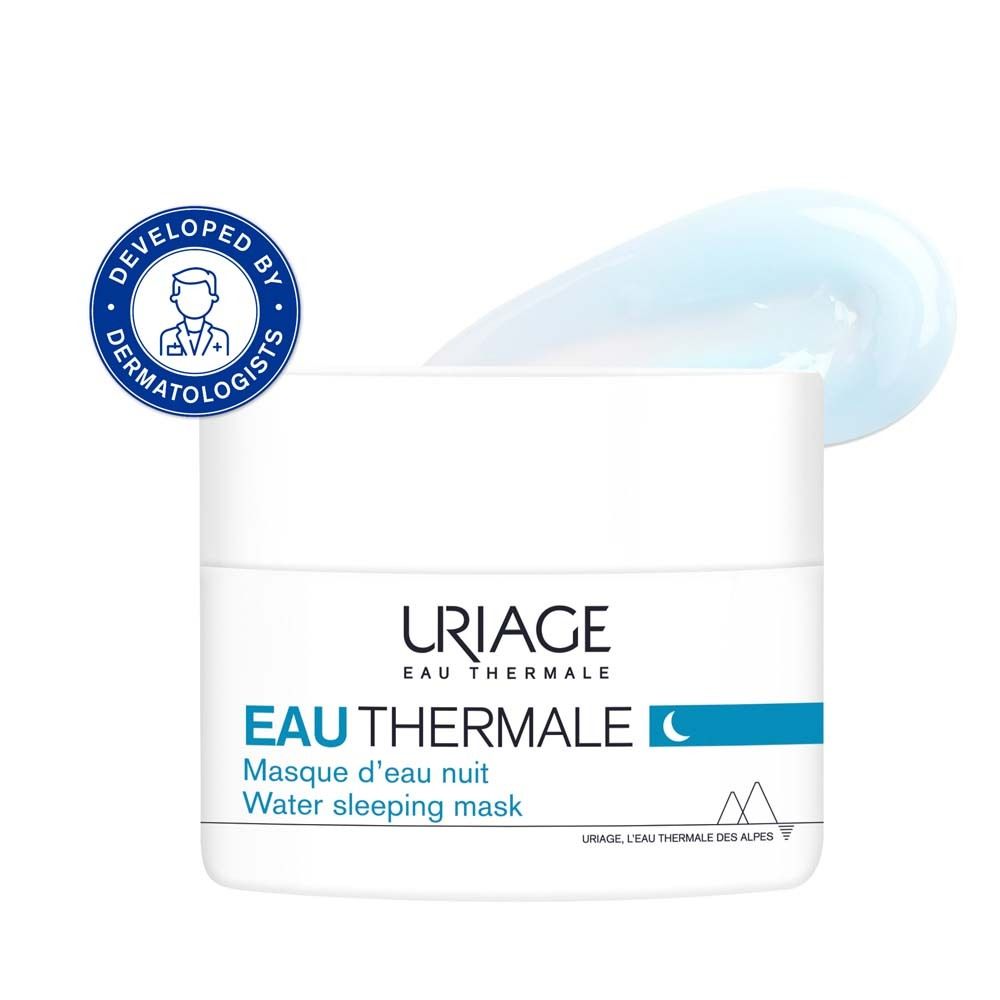 Weißer Tiegel mit blauem Gel. Aufschrift: URIAGE, Eau Thermale, Masque d'eau nuit, Water sleeping mask.