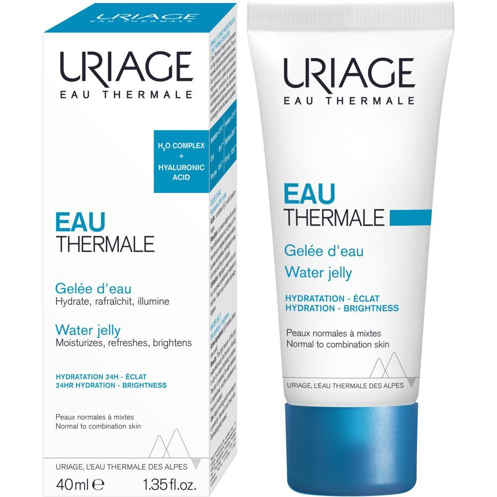 Produkt mit Verpackung. Tube und Schachtel. Aufschrift: Eau Thermale, Water jelly, 40ml.