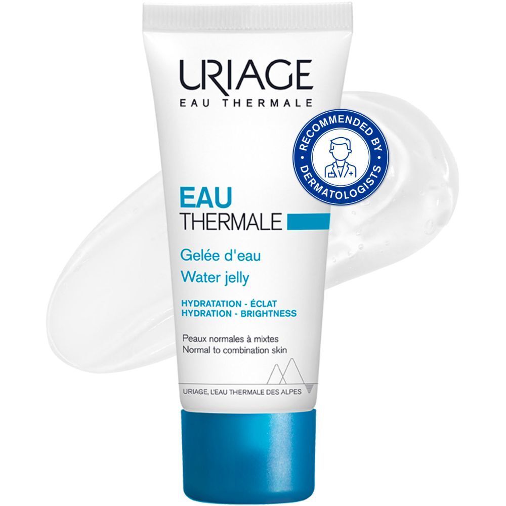 Tube mit Text und Siegel: Empfohlen von Dermatologen. Aufschrift: Eau Thermale, Water jelly.