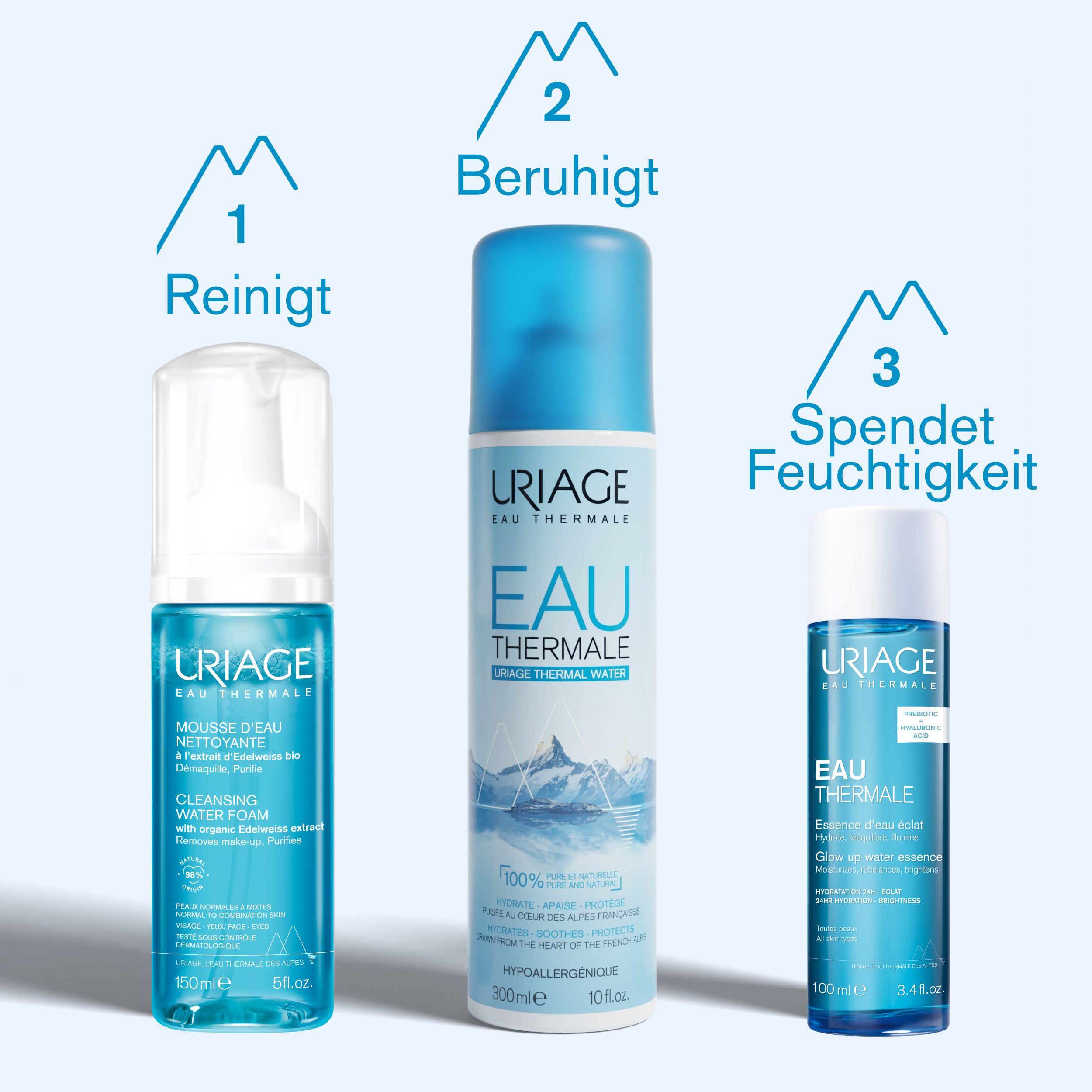 Drei Uriage Produkte: Reinigendes Reinigungsschaum, Thermalwasser, Ausstrahlungsessenz. Blaue Flaschen mit weißem Deckel.