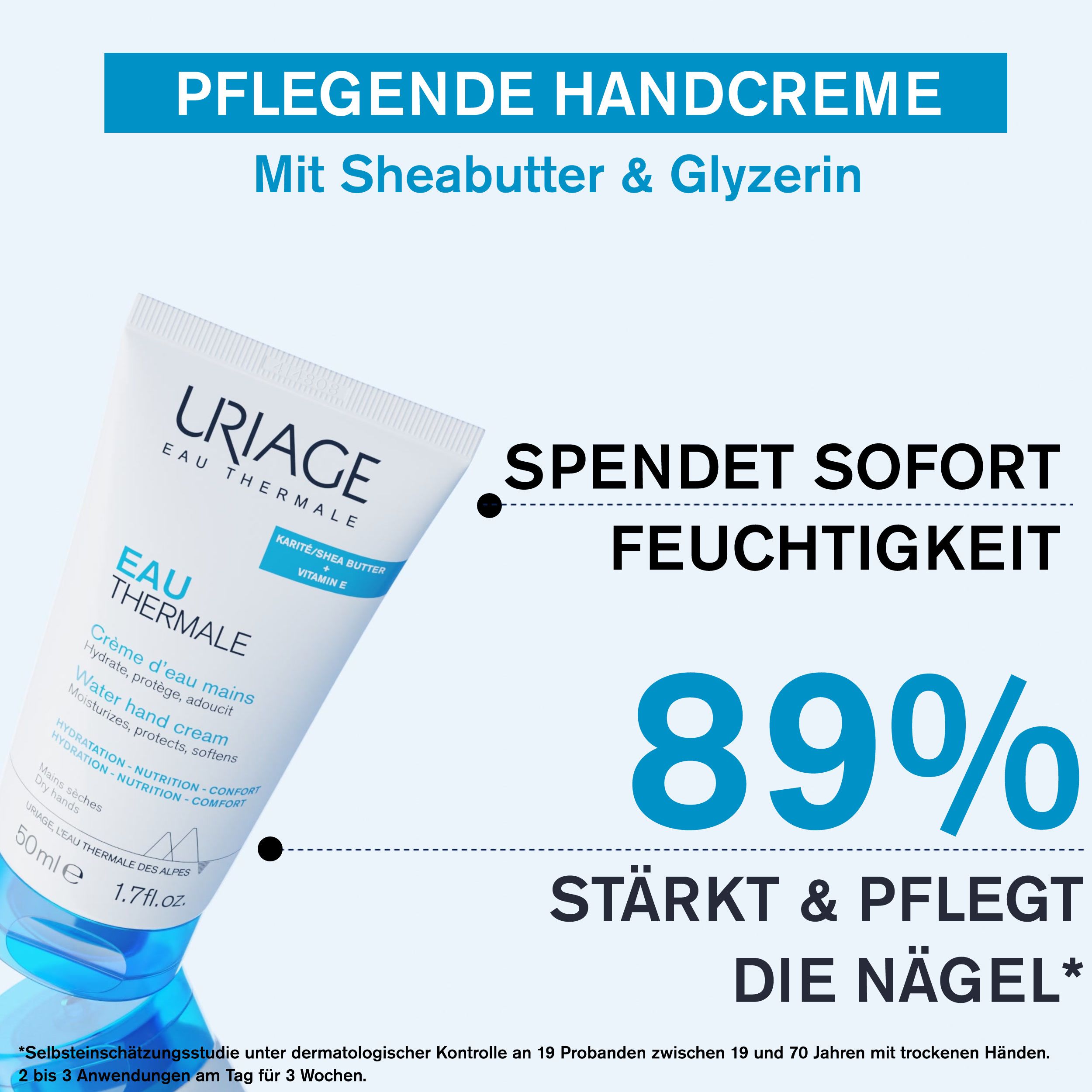 Handcreme-Tube neben Text. Text: Pflegende Handcreme mit Sheabutter & Glyzerin. Spendet sofort Feuchtigkeit. Stärkt & pflegt die Nägel.
