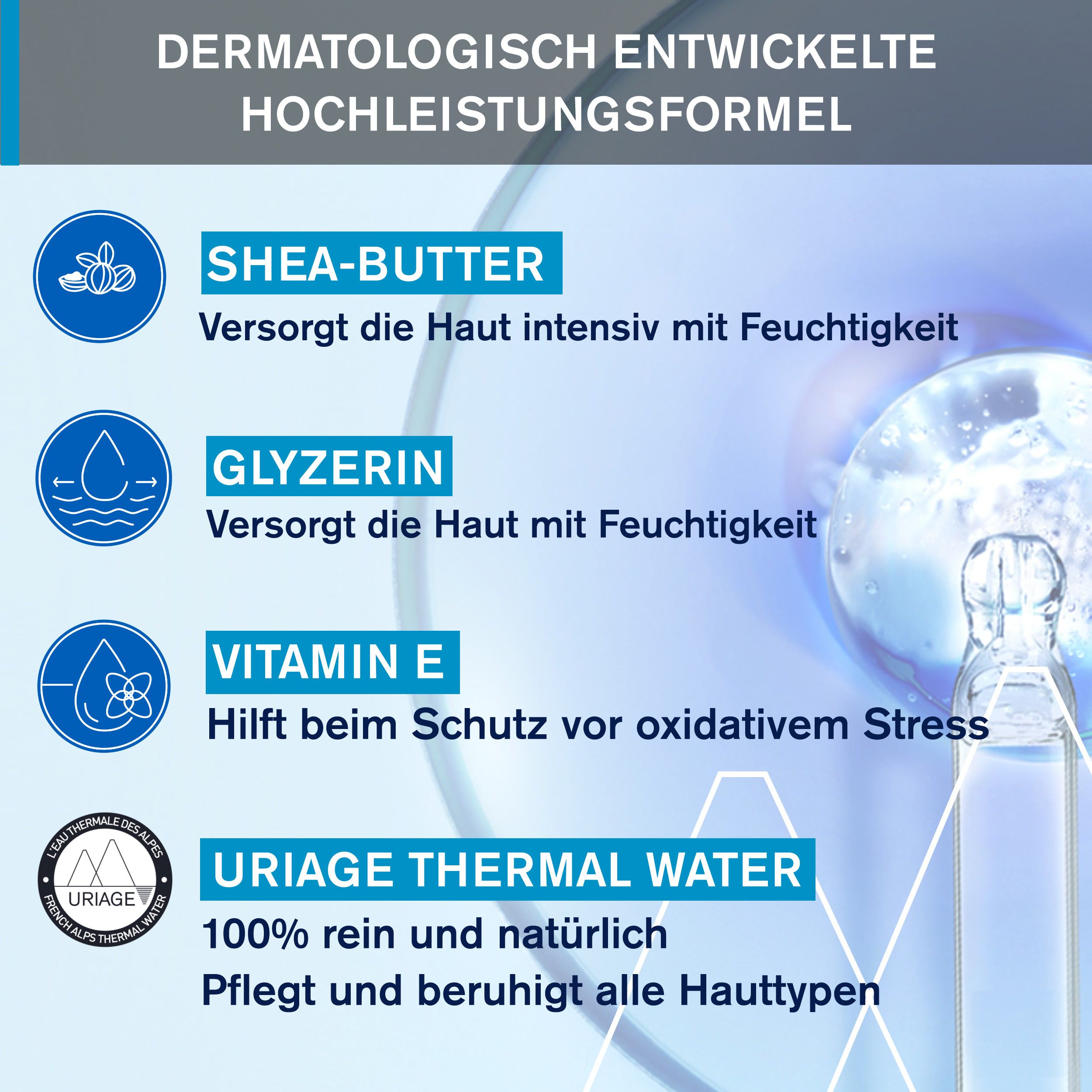 Text mit Inhaltsstoffen: Sheabutter, Glyzerin, Vitamin E, Uriage Thermalwasser. Dermatologisch entwickelte Hochleistungsformel.