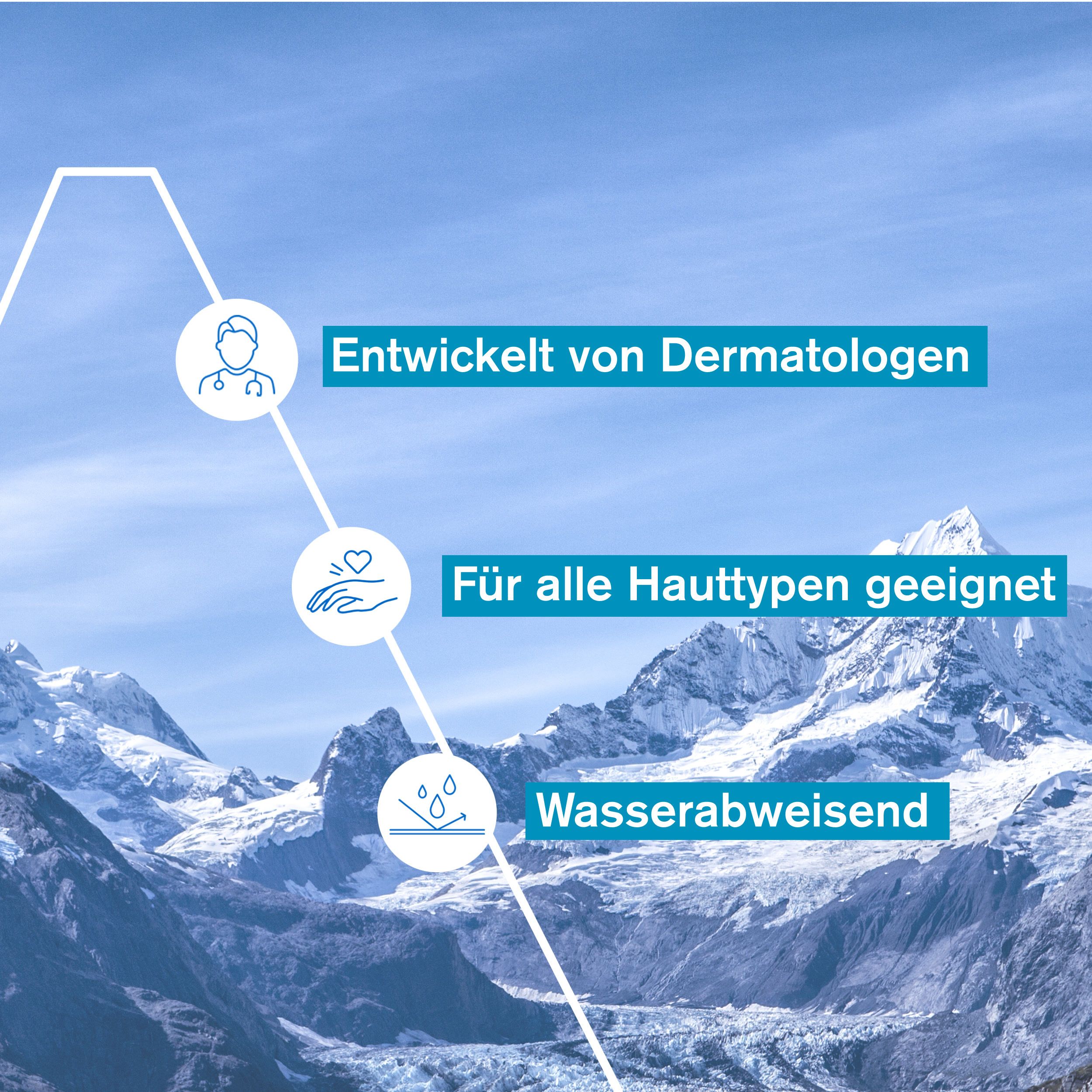 Text: Entwickelt von Dermatologen, Für alle Hauttypen geeignet, Wasserabweisend. Hintergrund: Berglandschaft.