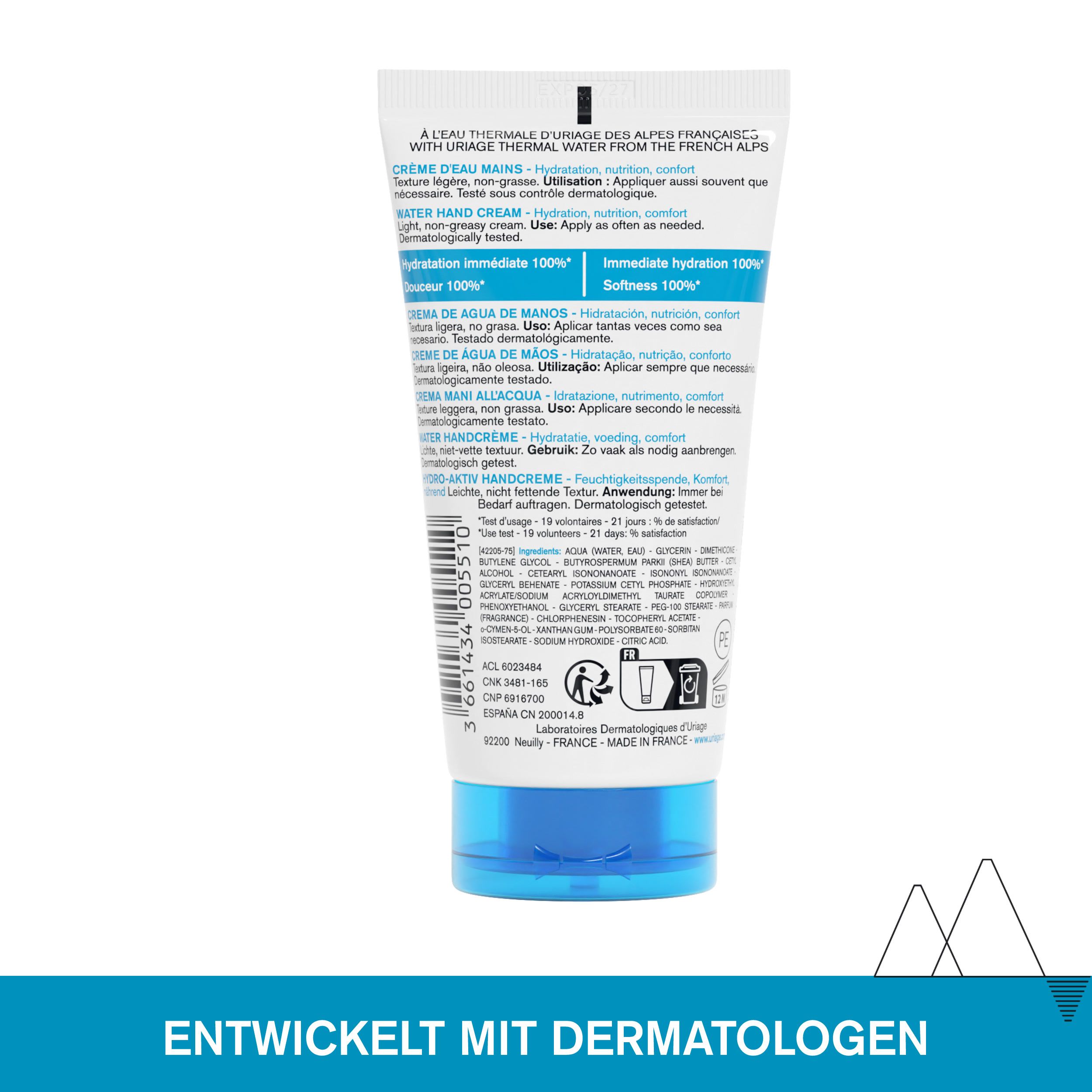 Rückseite der Handcreme-Tube. Text in mehreren Sprachen. Enthält Informationen zu Anwendung und Inhaltsstoffen.