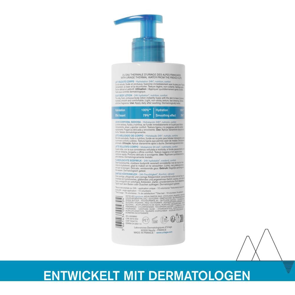 Rückseite der weißen Flasche mit Text. Aufschrift: URIAGE, EAU THERMALE, Lait velouté corps. Mit Dermatologen entwickelt.