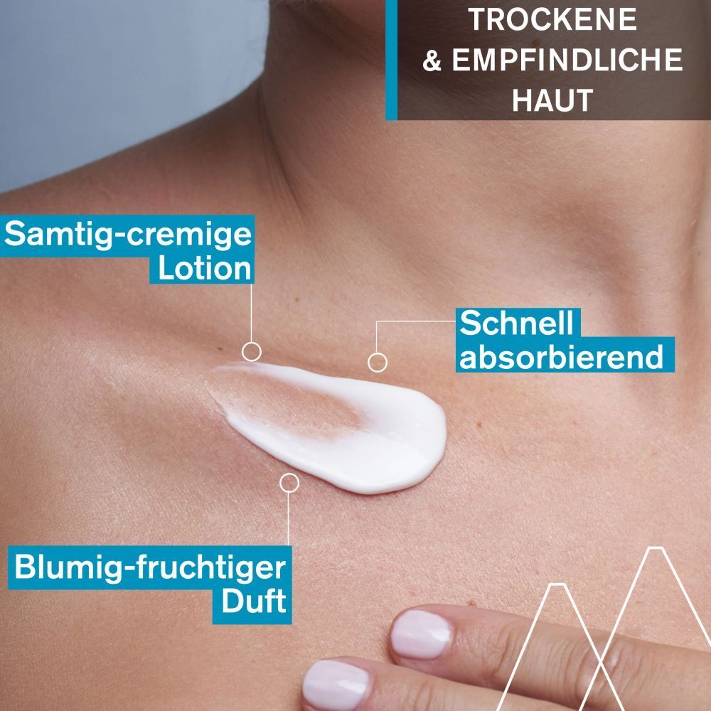 Weißes Produkt auf Haut. Text: Samtig-cremige Lotion, schnell absorbierend, blumig-fruchtiger Duft. Trockene & empfindliche Haut.