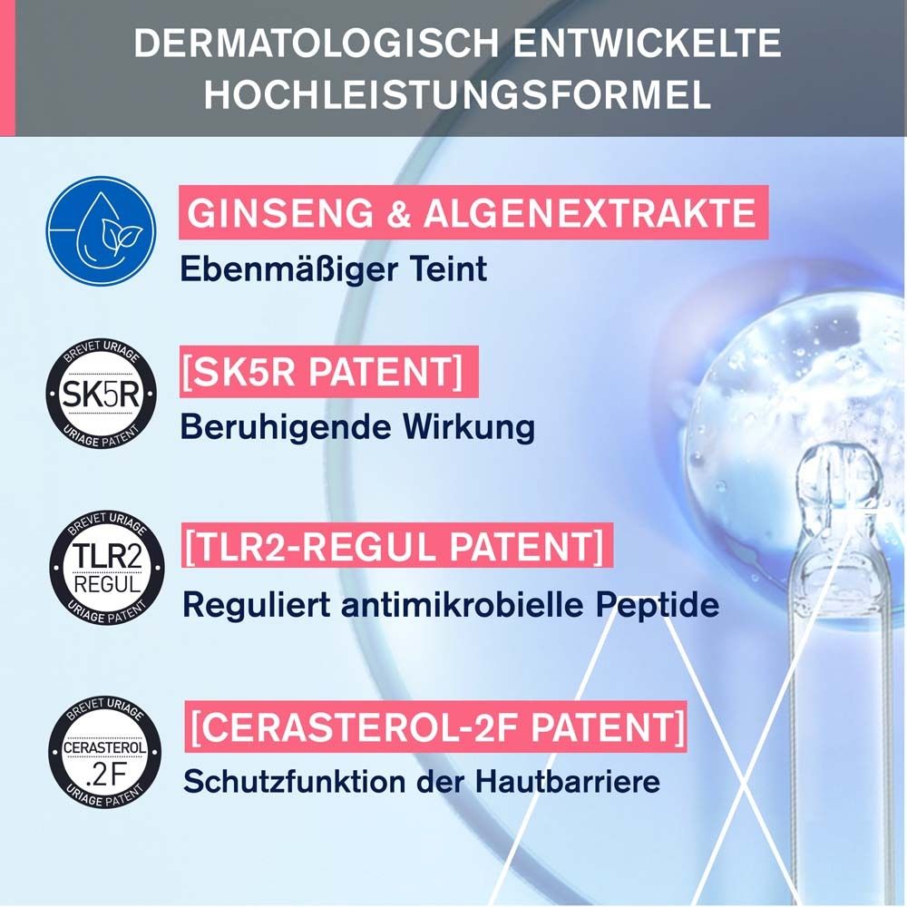 Infografik mit Inhaltsstoffen. Ginseng & Algenextrakte. SK5R, TLR2-Regul, Cerasterol-2F Patent.