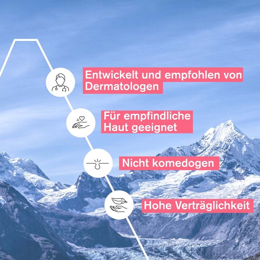 Infografik mit Icons. Entwickelt und empfohlen von Dermatologen. Für empfindliche Haut geeignet. Nicht komedogen.