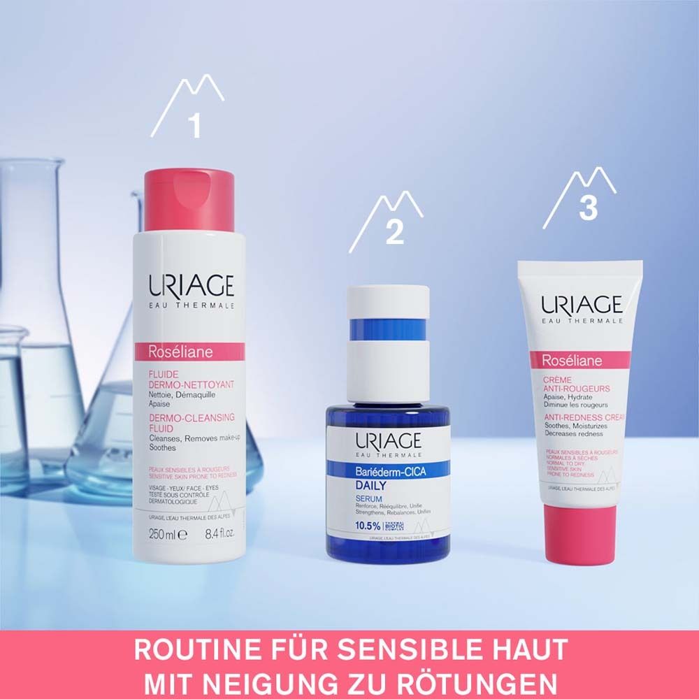 Drei Produkte: Reinigungsfluid, Serum, Creme. Routine für sensible Haut mit Neigung zu Rötungen. URIAGE Roséliane.