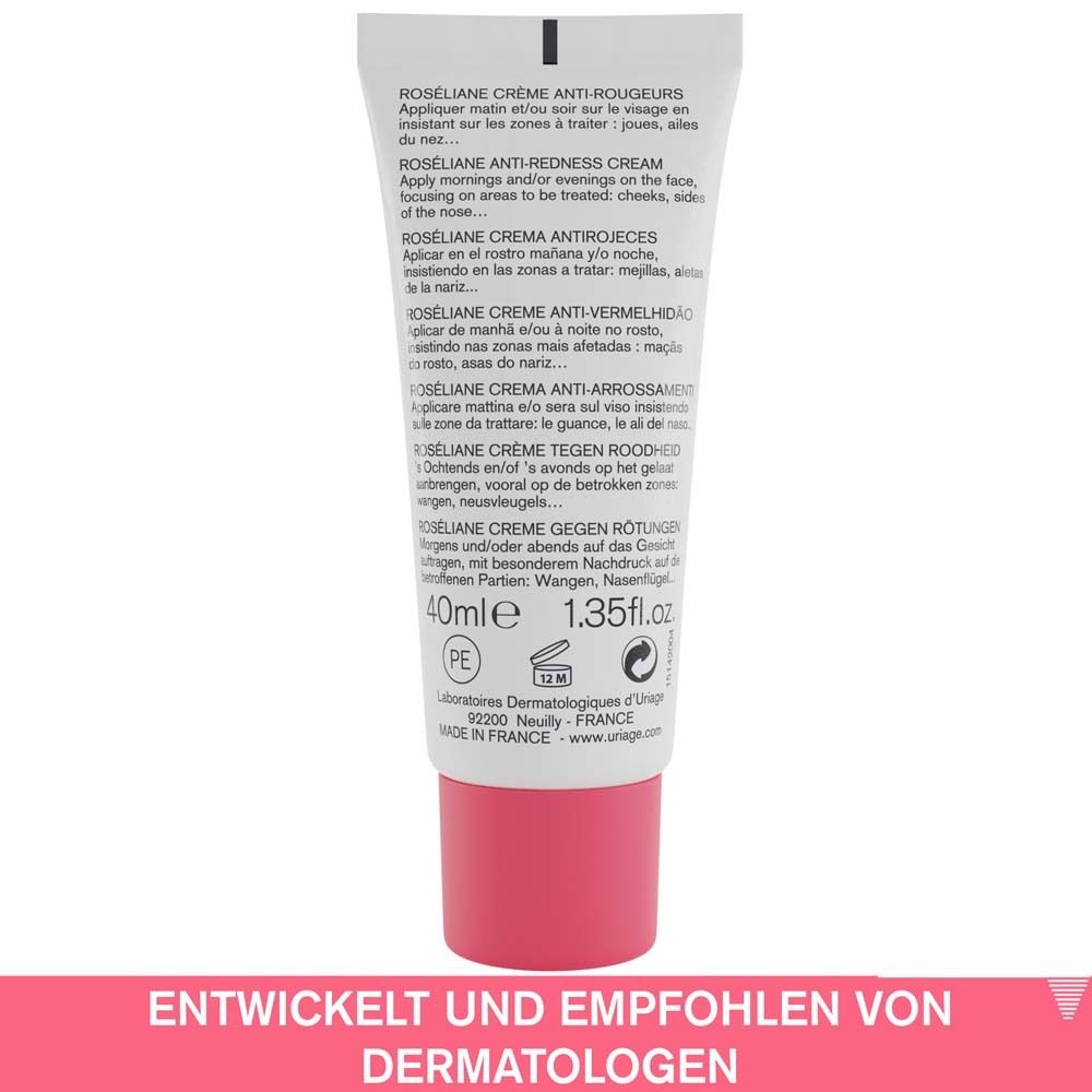 Rückseite der Creme-Tube. Text in mehreren Sprachen. 40ml. Entwickelt und empfohlen von Dermatologen.