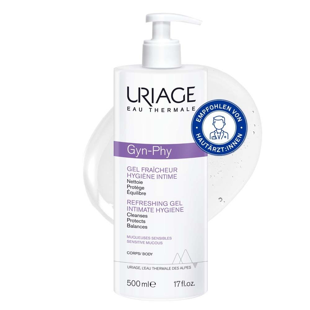 Weißes Flasche mit Pumpe. URIAGE GYN-PHY, erfrischendes Gel für Intimhygiene. Empfohlen von Hautärzt:innen.