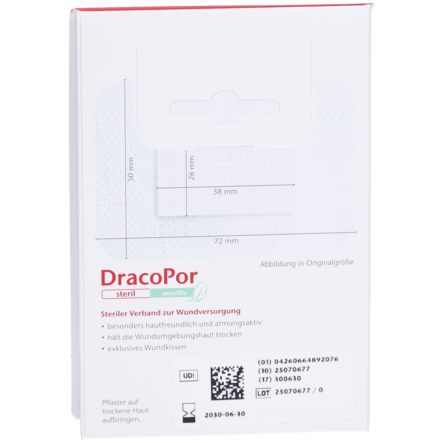 Rückseite der Verpackung. Produktname: Dracopor sensitiv. Abbildung in Originalgröße. Maße: 72 mm, 50 mm, 38 mm, 26 mm.