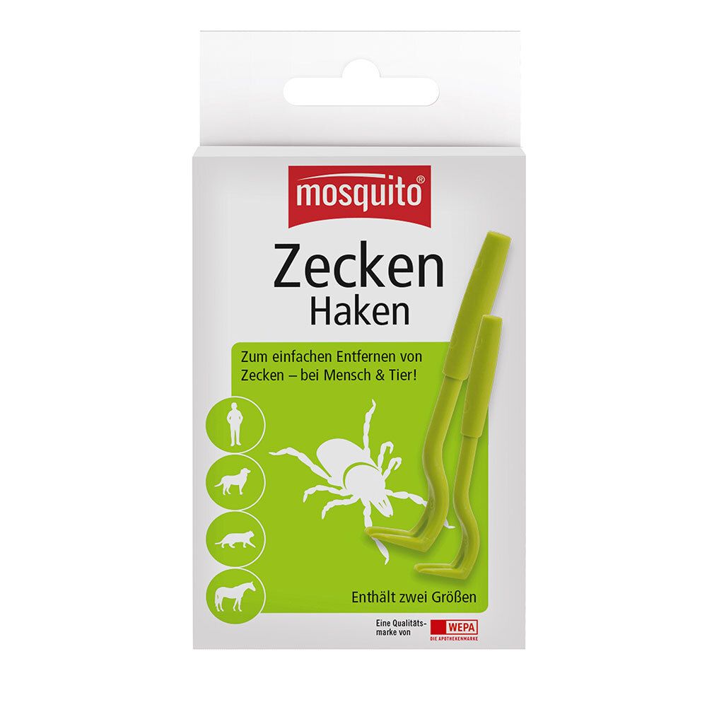 Verpackung mit zwei Zeckenhaken. Grün, mit Logo und Text: mosquito Zecken Haken. Enthält zwei Größen.