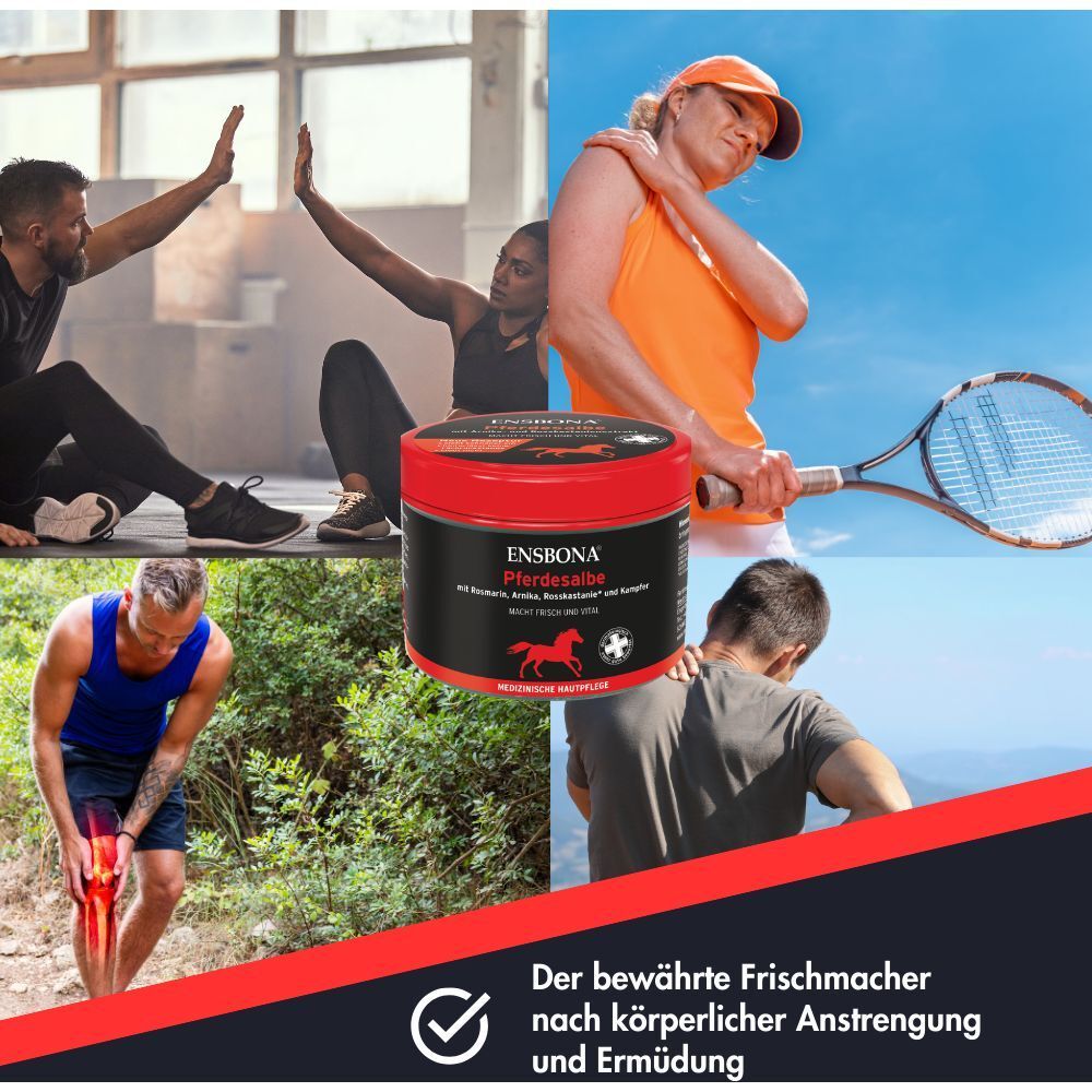 Collage: Menschen nach Sport, Tennisspielerin mit Schulterschmerzen, Mann mit Knieschmerzen, Mann mit Nackenschmerzen.