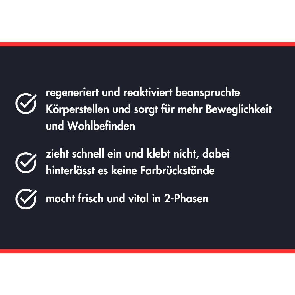 Drei Aufzählungspunkte mit Haken: Regeneration, schnelles Einziehen, Frische und Vitalität.