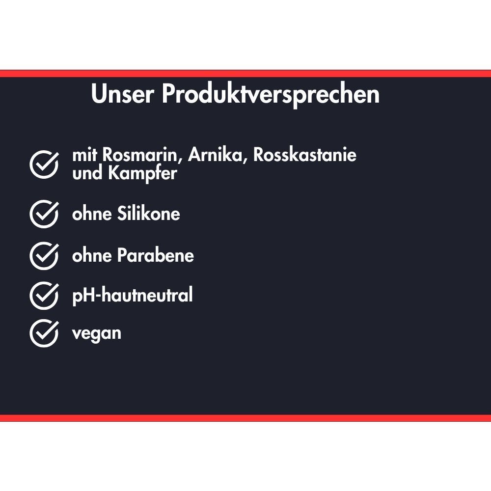 Vier Aufzählungspunkte mit Haken: Mit Rosmarin, Arnika, Rosskastanie; ohne Silikone, Parabene; pH-hautneutral, vegan.