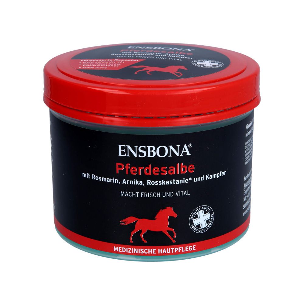 ENSBONA Pferdesalbe Dose mit Pferdemotiv und dermatologisch getestet Siegel.