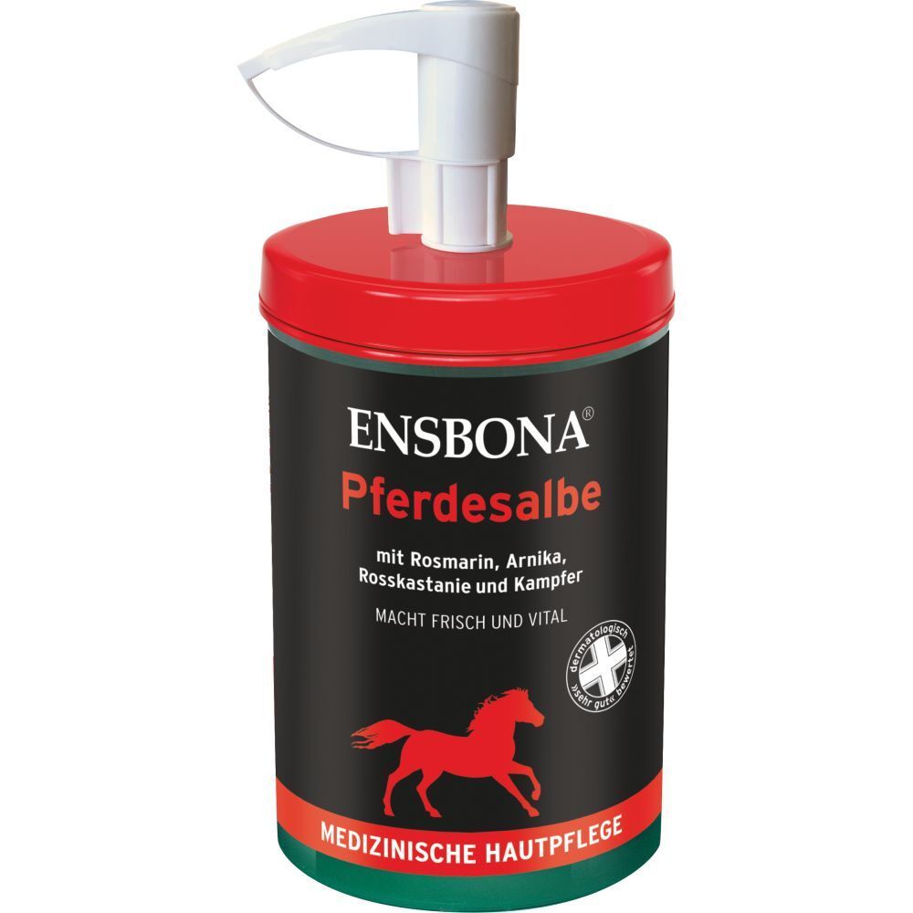 ENSBONA Pferdesalbe mit Pumpspender. Schwarzer Tiegel mit rotem Deckel und weißem Pumpsystem.