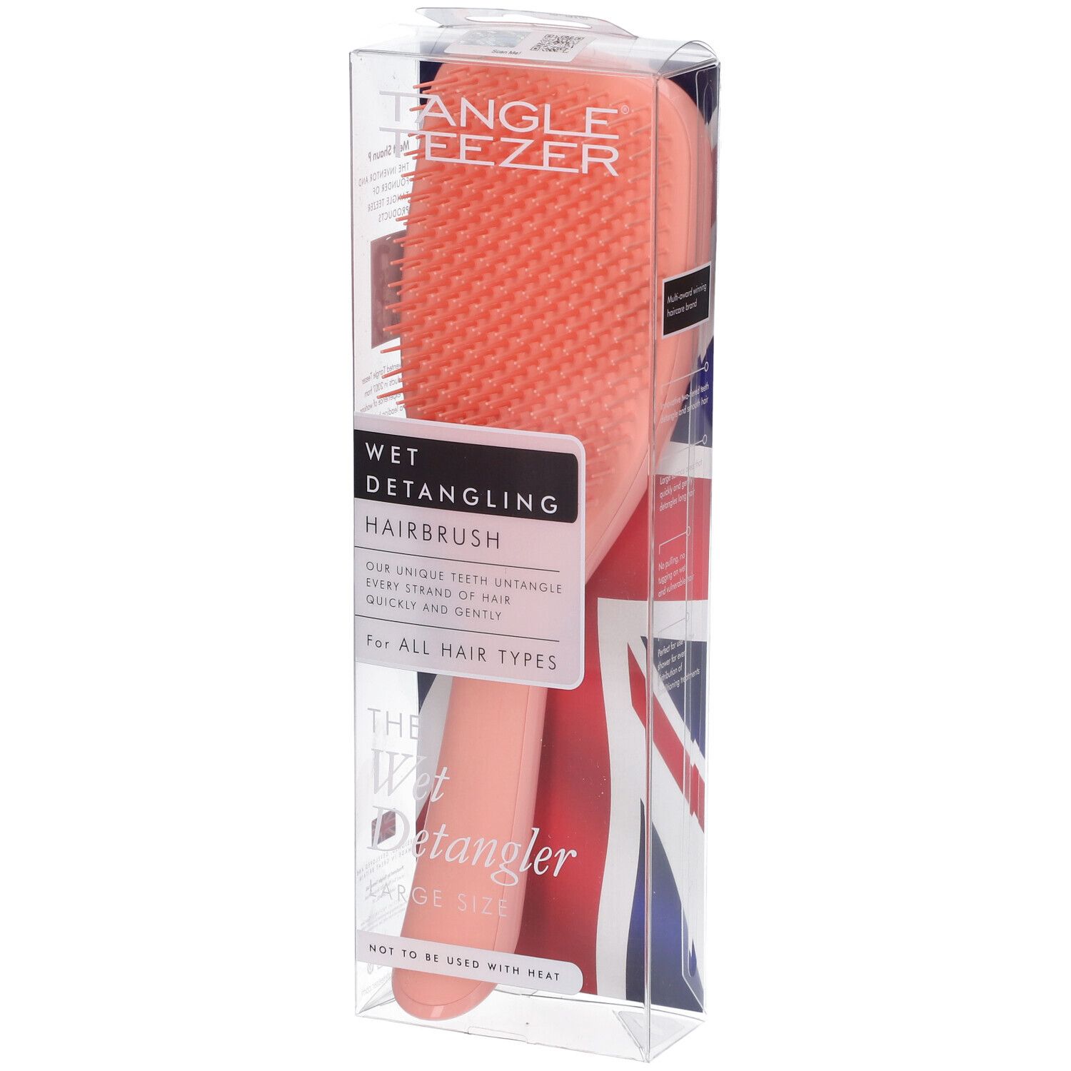Tangle Teezer Wet Detangling Hairbrush in Koralle, Großformat, in transparenter Verpackung mit Union Jack Design.