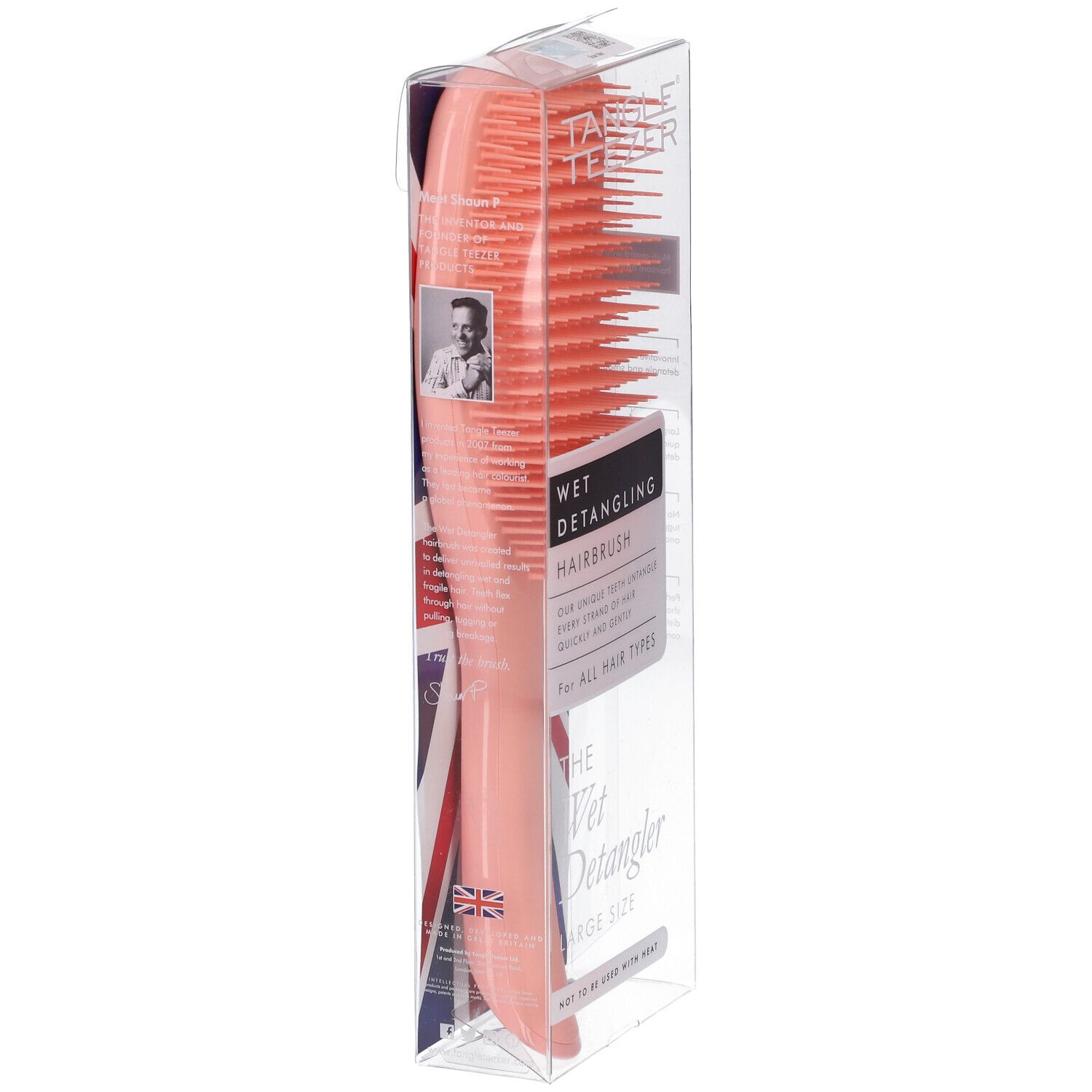 Tangle Teezer Wet Detangling Hairbrush in Koralle, Großformat, Seitenansicht in transparenter Verpackung.