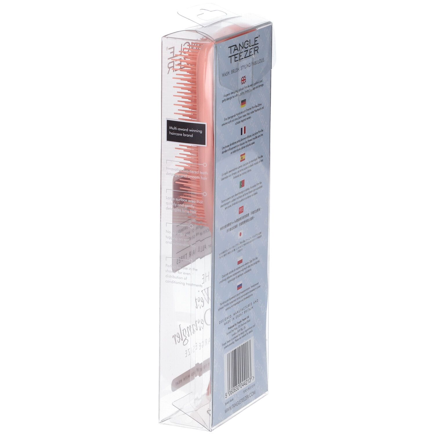Seitenansicht der Verpackung der Tangle Teezer Wet Detangling Hairbrush, Koralle, Großformat, mit mehrsprachigen Hinweisen.