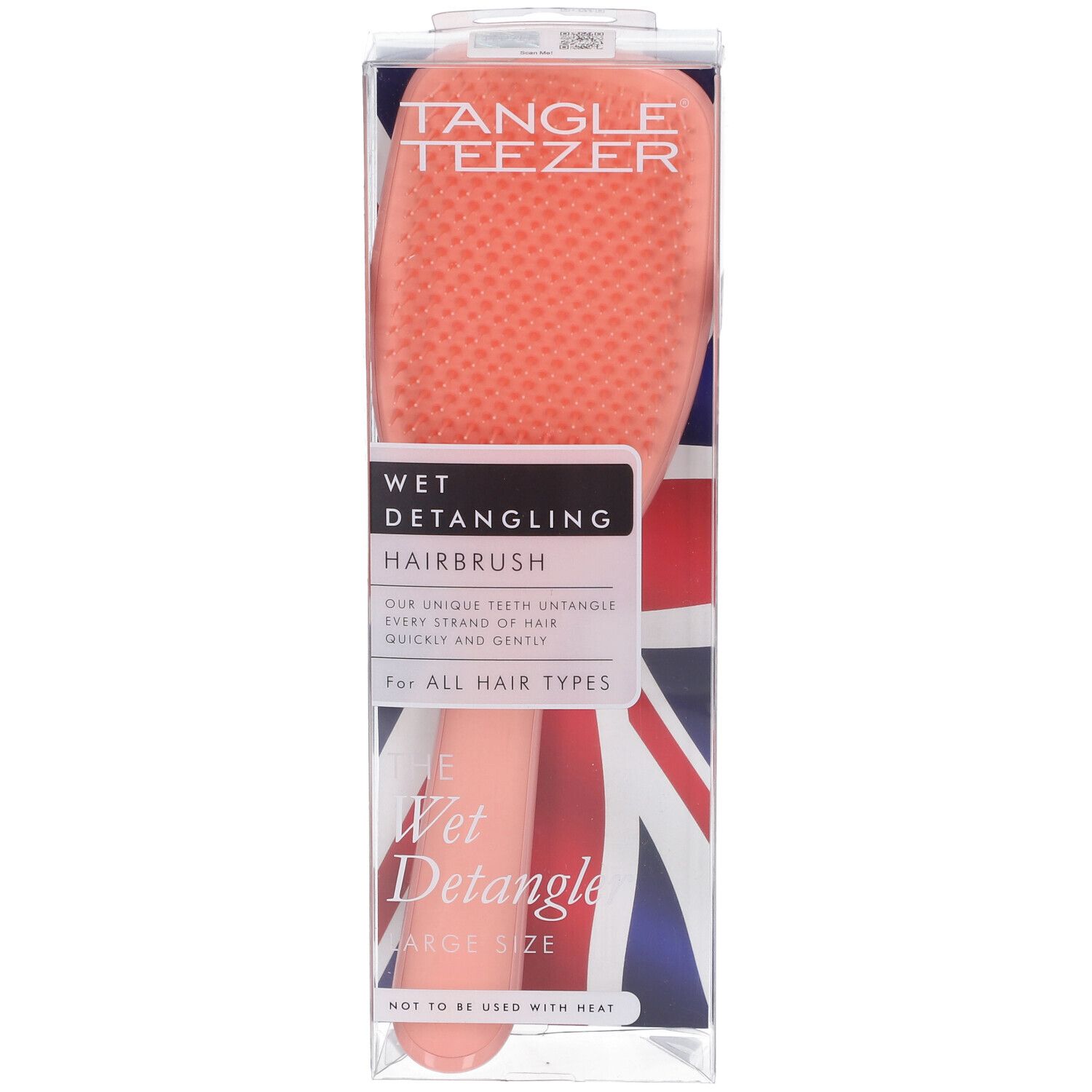 Tangle Teezer Wet Detangling Hairbrush in Koralle, Großformat, in transparenter Verpackung mit Union Jack.