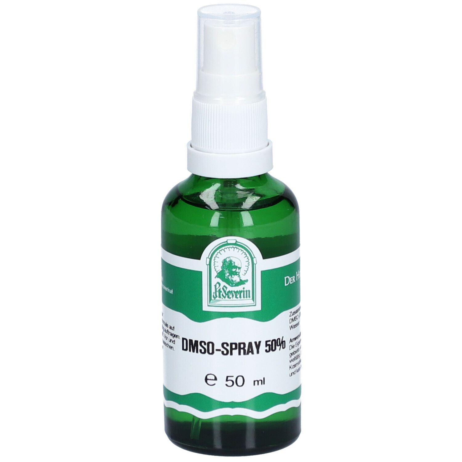 Grüne Sprühflasche mit weißem Sprühkopf. Aufschrift: DMSO-Spray 50%. Logo: St. Severin.