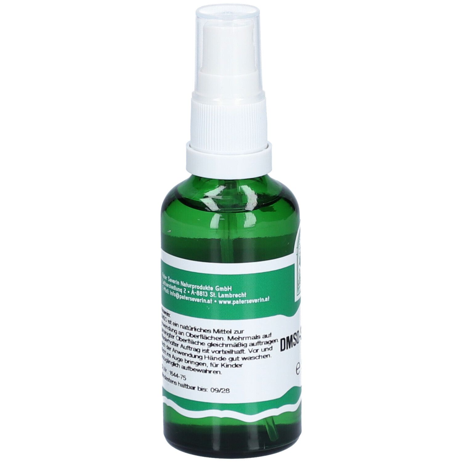 Grüne Sprühflasche mit weißem Sprühkopf. Aufschrift: DMSO-Spray 50%. Etikett mit Informationen.