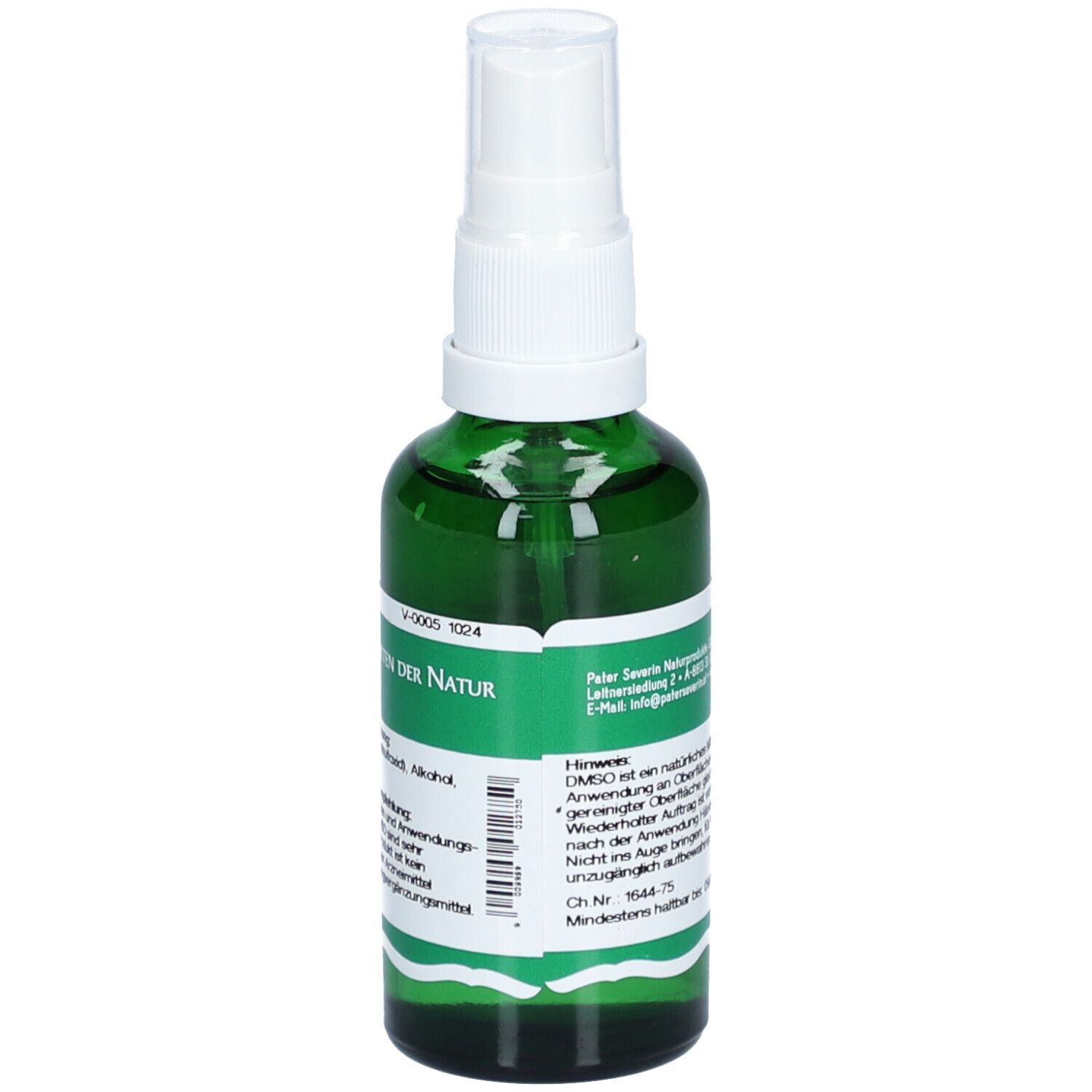 Grüne Sprühflasche mit weißem Sprühkopf. Aufschrift: DMSO-Spray 50%. Barcode und Informationen.