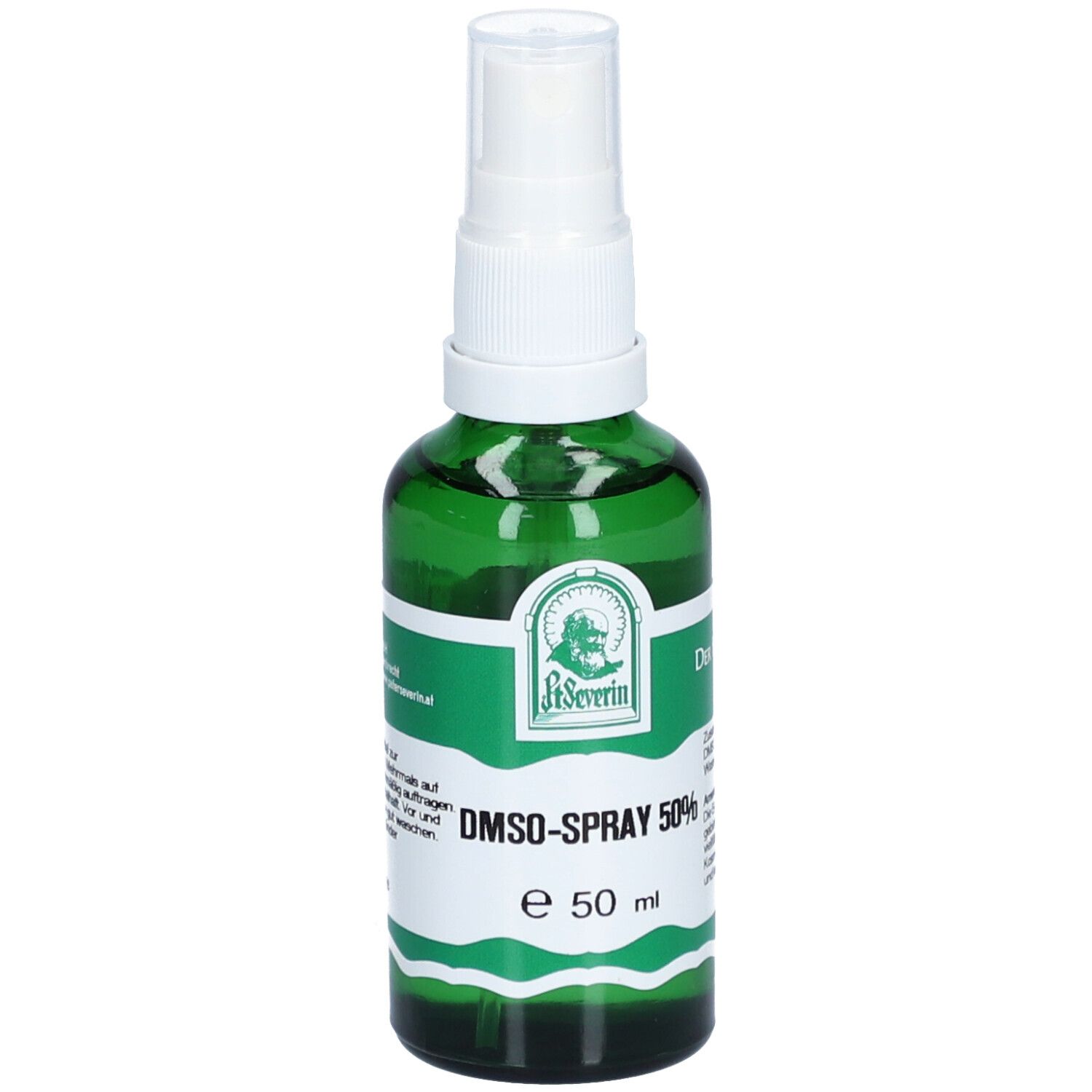 Grüne Sprühflasche mit weißem Sprühkopf. Aufschrift: DMSO-Spray 50%. Logo: St. Severin.