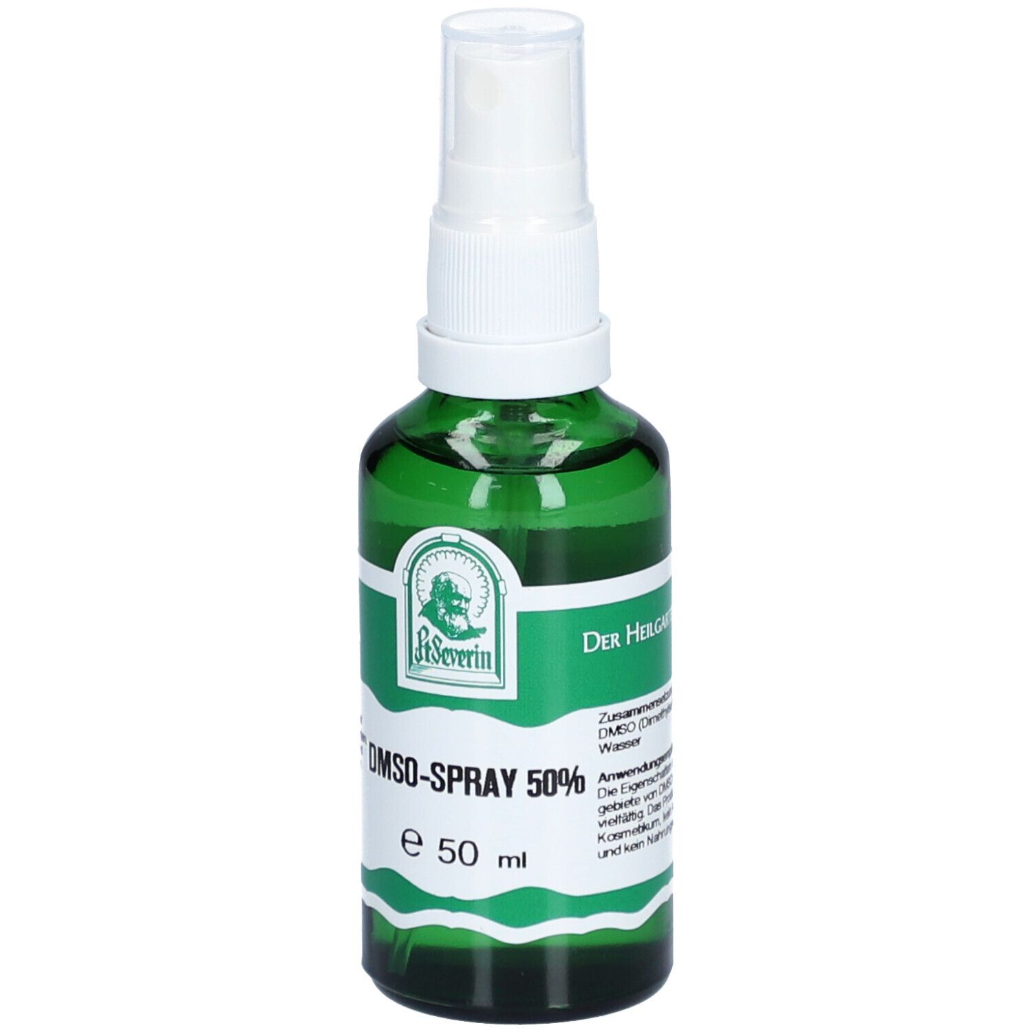 Grüne Sprühflasche mit weißem Sprühkopf. Aufschrift: DMSO-Spray 50%. Logo: St. Severin.