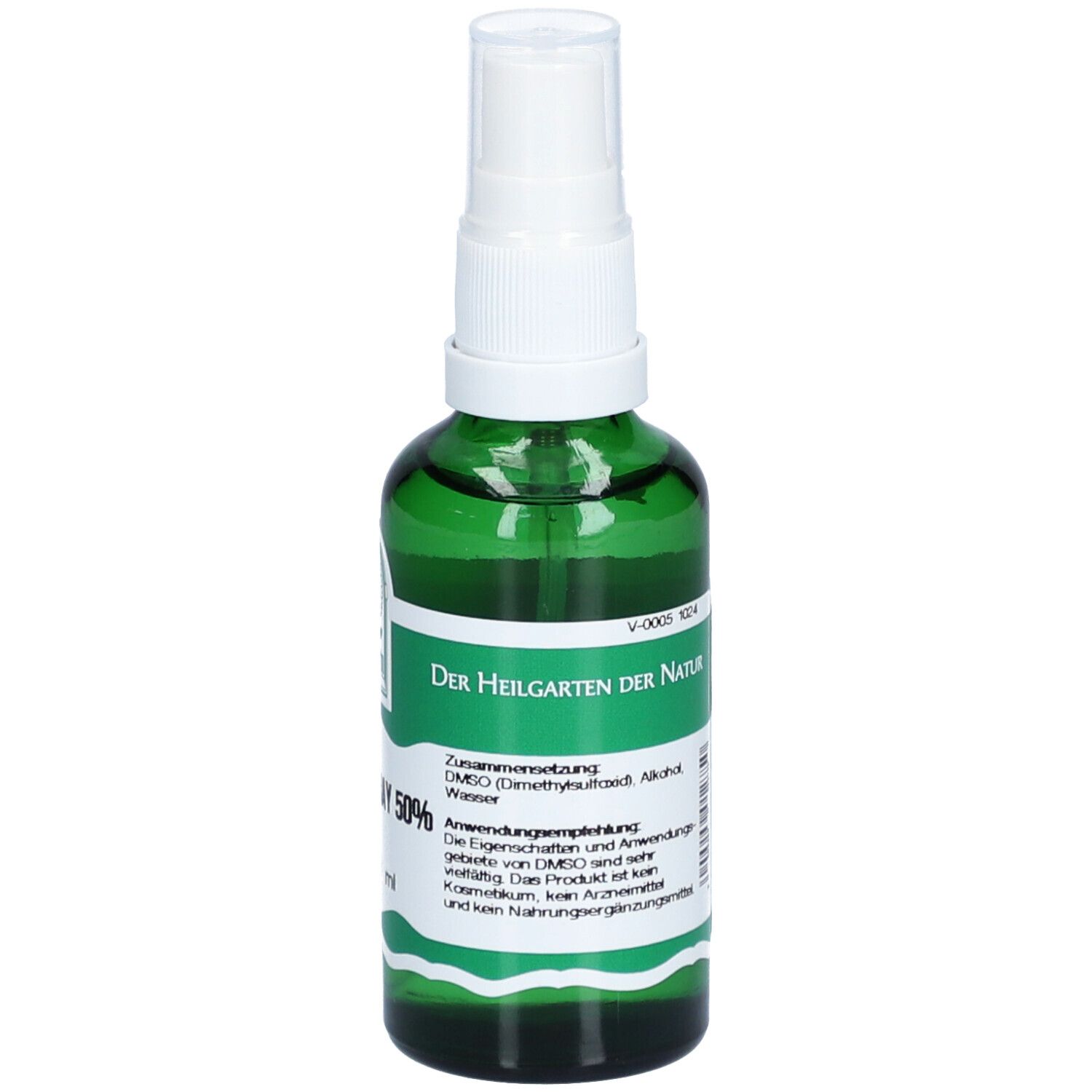Grüne Sprühflasche mit weißem Sprühkopf. Aufschrift: DMSO-Spray 50%. Informationen und Logo.