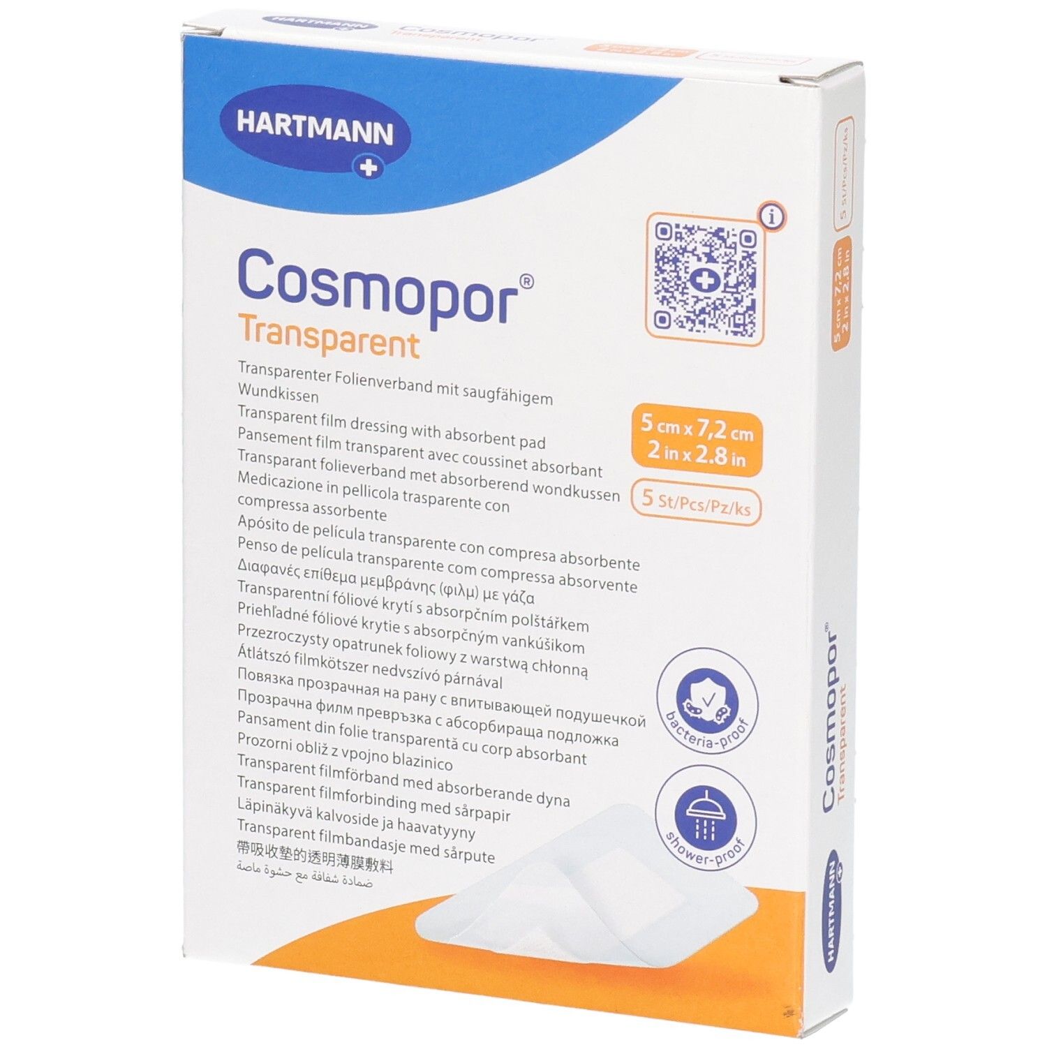 Verpackung Cosmopor Transparent Verband 5x7,2 cm, 5 Stück. Steril, bakterienresistent, duschfest.