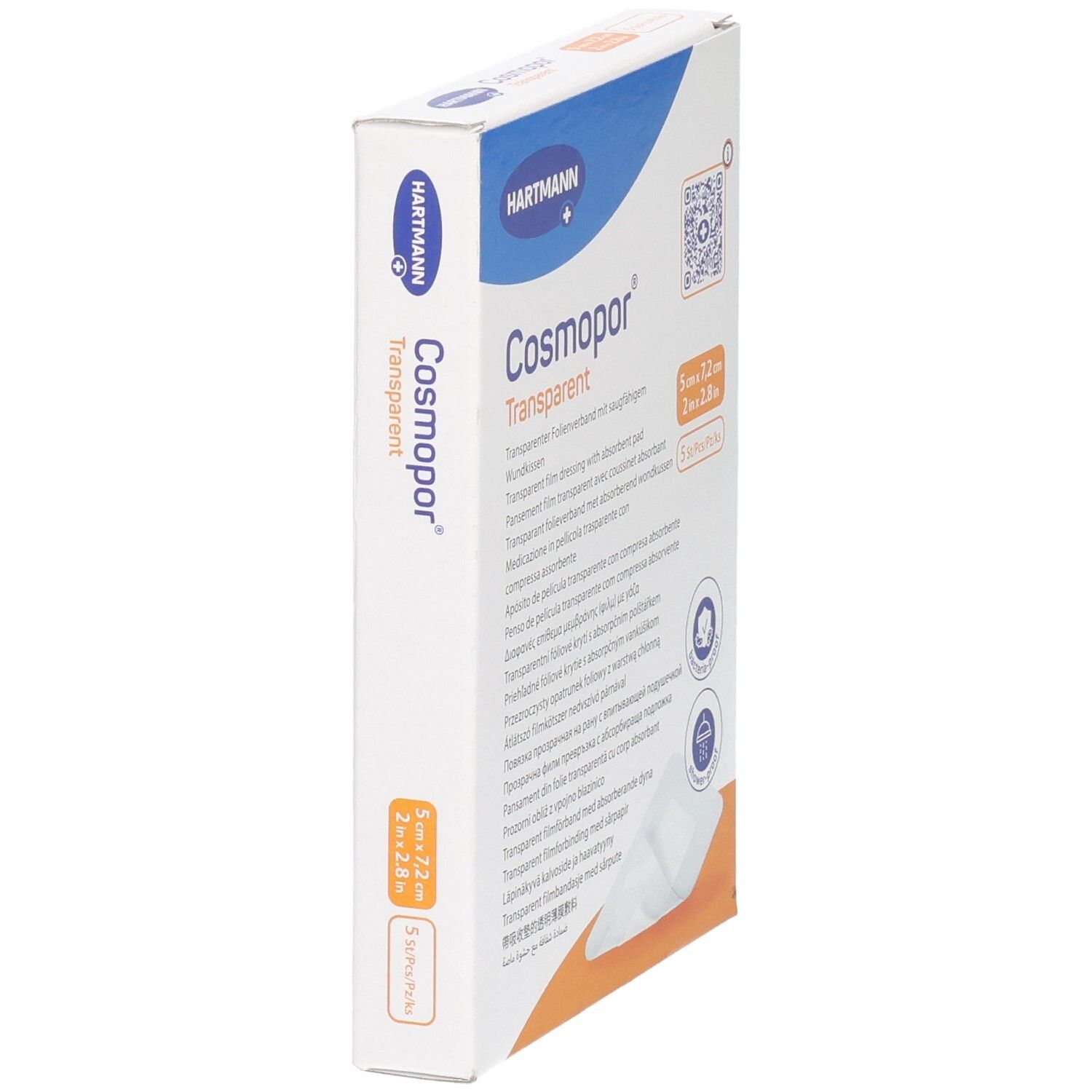 Verpackung Cosmopor Transparent Verband 5x7,2 cm, 5 Stück. Steril, bakterienresistent, duschfest.