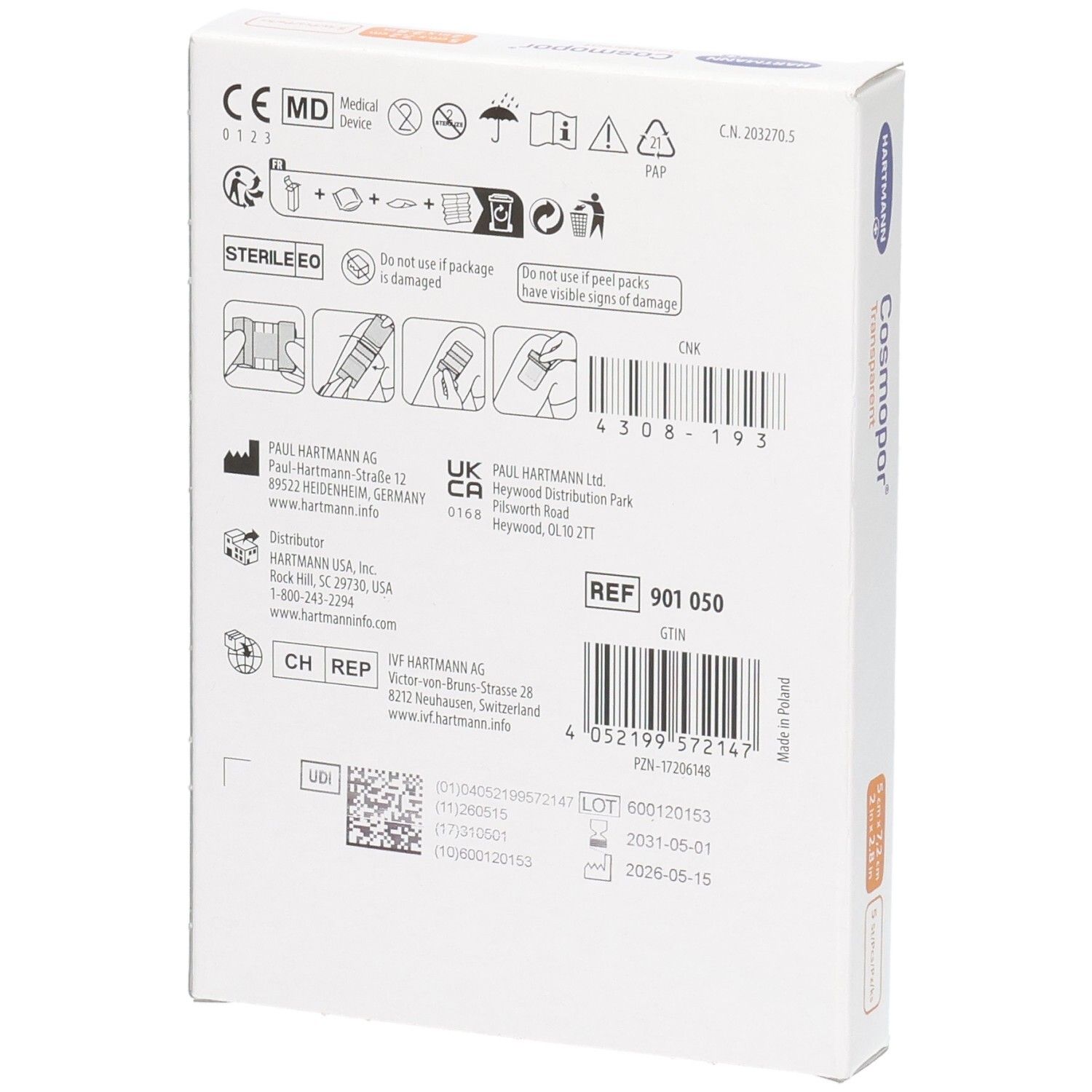 Rückseite Verpackung Cosmopor Transparent: CE, MD, steril, Gebrauchsanweisungen, Chargennummer.